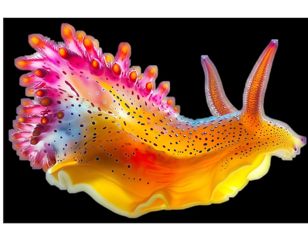 A colorful sea slug with yellow and purple spikes on a white background