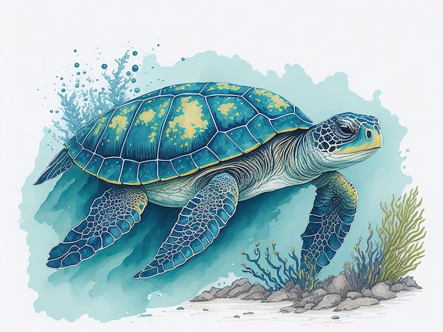 Colorful sea turtle watercolor vector illustration
