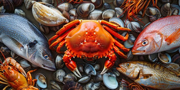 Photo colorful seafood assortment with fish crab and shells