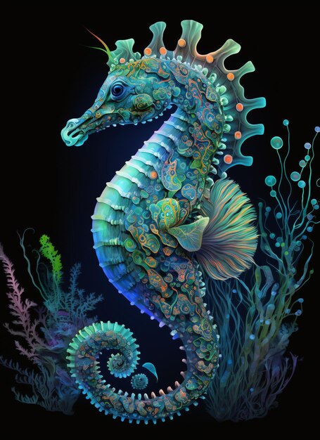 A colorful seahorse with a black background.