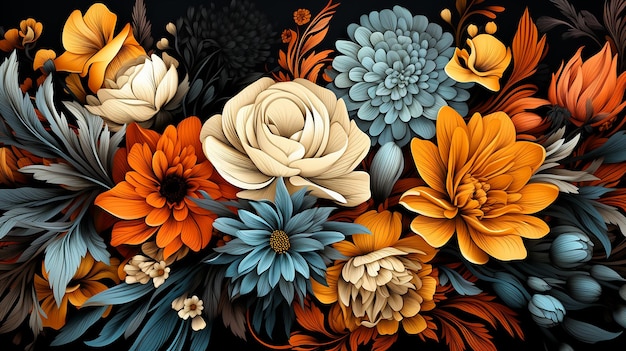 Colorful Seamless Botanic Pattern Detailed Flowers Illustration