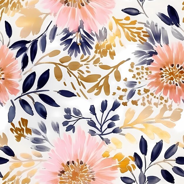 Photo colorful seamless floral pattern with abstract flowers leaves watercolor print in rustic vintage style textile or wallpapers in provence style isolated on white background