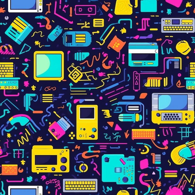 A colorful seamless pattern of digital devices and digital icons on a dark background.