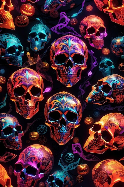 A colorful seamless pattern of skulls and pumpkins