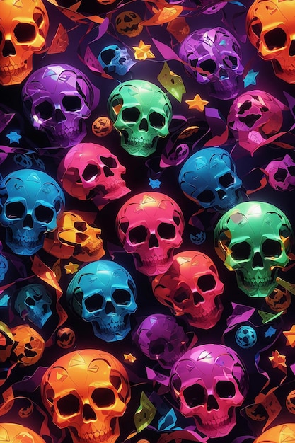 A colorful seamless pattern of skulls and pumpkins