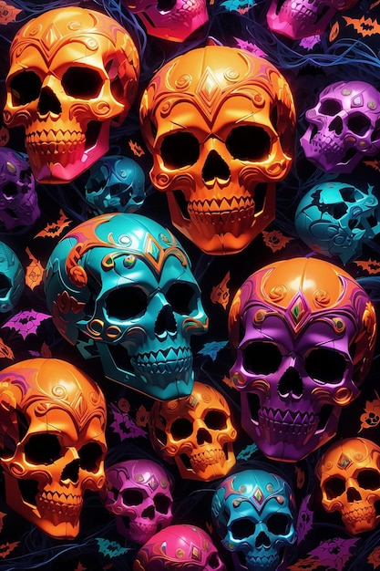 A colorful seamless pattern of skulls and pumpkins