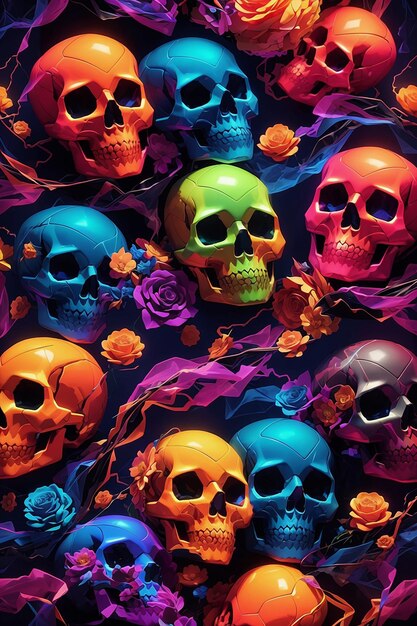 A colorful seamless pattern of skulls and pumpkins