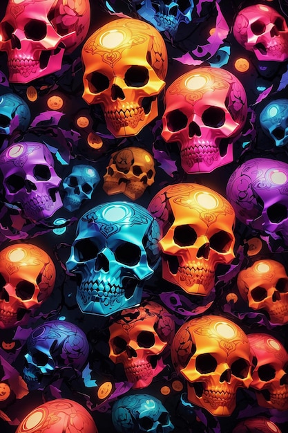 A colorful seamless pattern of skulls and pumpkins