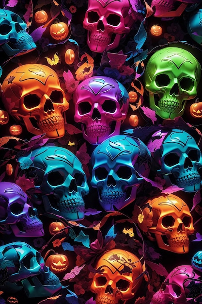 A colorful seamless pattern of skulls and pumpkins