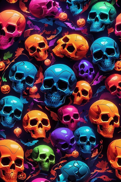 A colorful seamless pattern of skulls and pumpkins