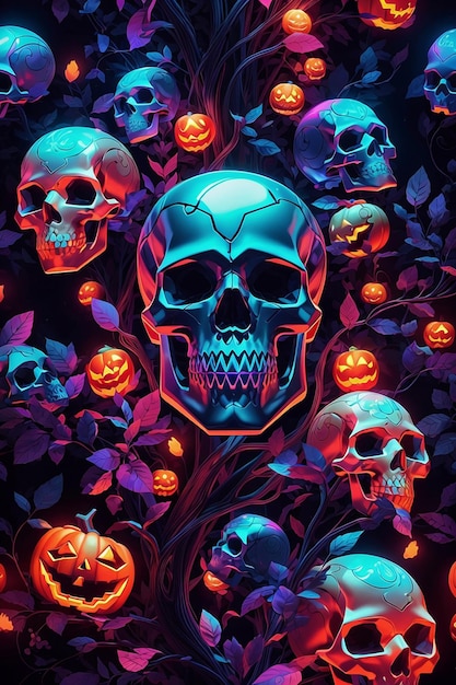 A colorful seamless pattern of skulls and pumpkins