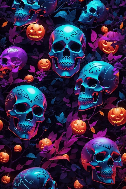 A colorful seamless pattern of skulls and pumpkins