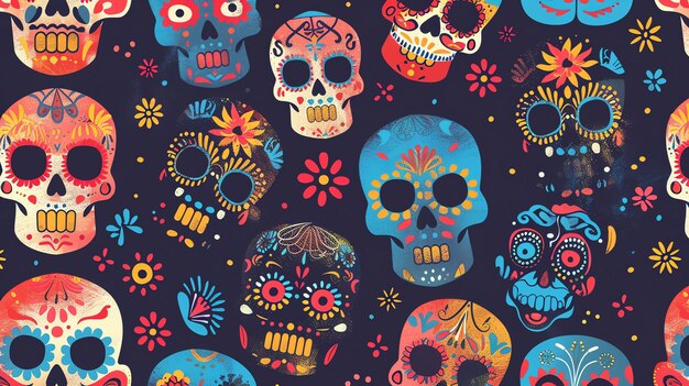 Photo colorful seamless pattern with sugar skulls flowers and leaves on dark background