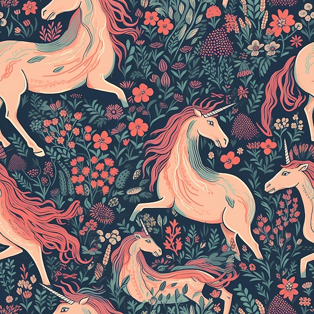 Colorful seamless pattern with unicorns in the background