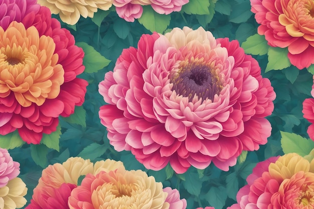 Photo colorful seamless roses and chrysanthemum pattern generated by ai