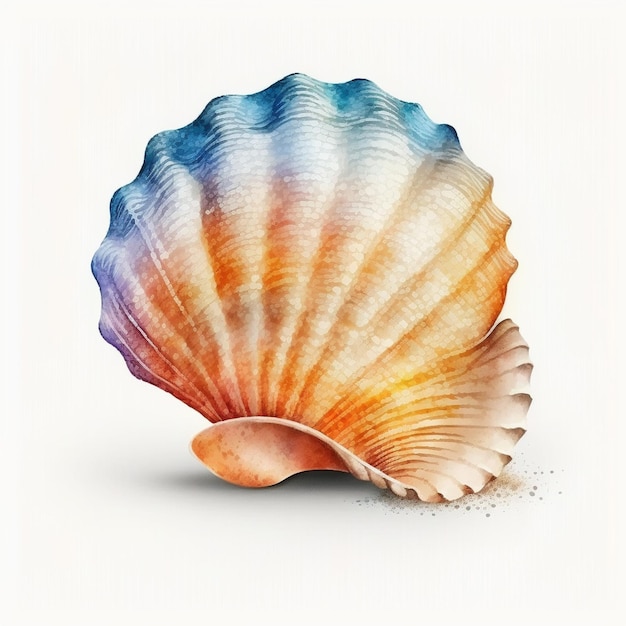 A colorful seashell with a blue and orange shell on the bottom.