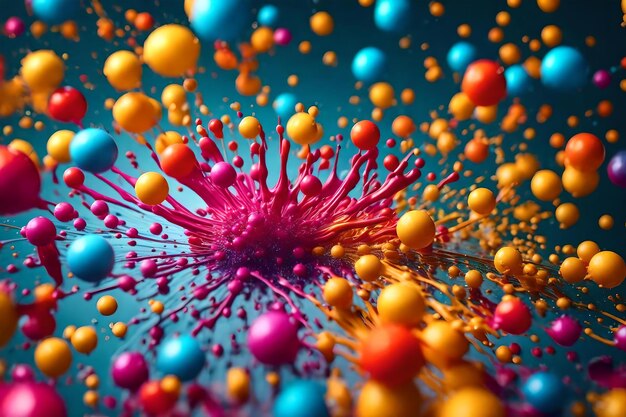 A colorful series of bubbles in a water with colored balls.