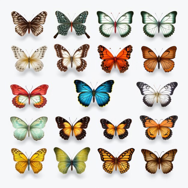 Photo colorful set of butterflies hyperrealistic animal illustrations