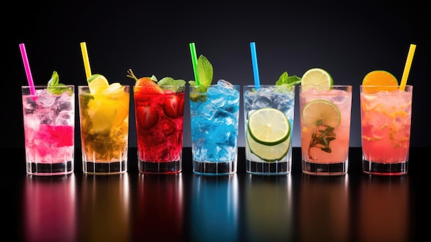 Colorful set of cocktails on black background