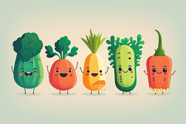 Colorful set of kawaii fruit and veggie images Suitable for design kids funny food illustrations Collection of cartoon veggies