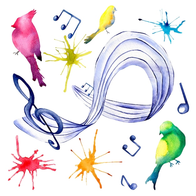 Colorful set of musical signs watercolor bird and splash on white