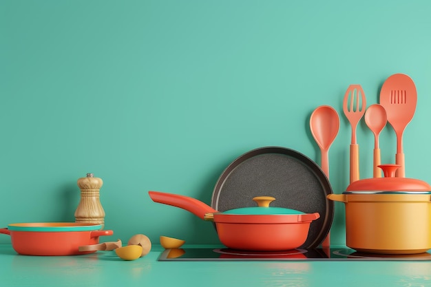 A colorful set of pots and pans are displayed on a red background