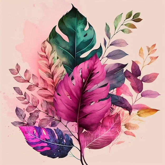 A colorful set of tropical leaves on a pink background.