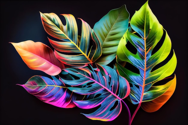 Красочный набор тропических листьев со словом "ладонь" внизу.