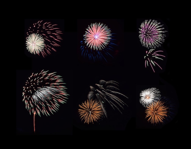 colorful sets of fireworks exploding in the black night sky