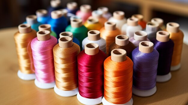 colorful sewing threads in a row close up