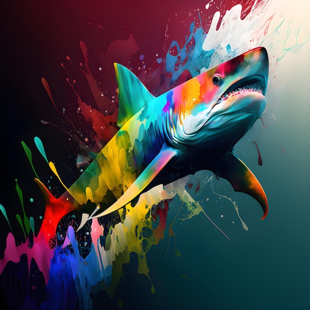 A colorful shark is painted on a colorful background.