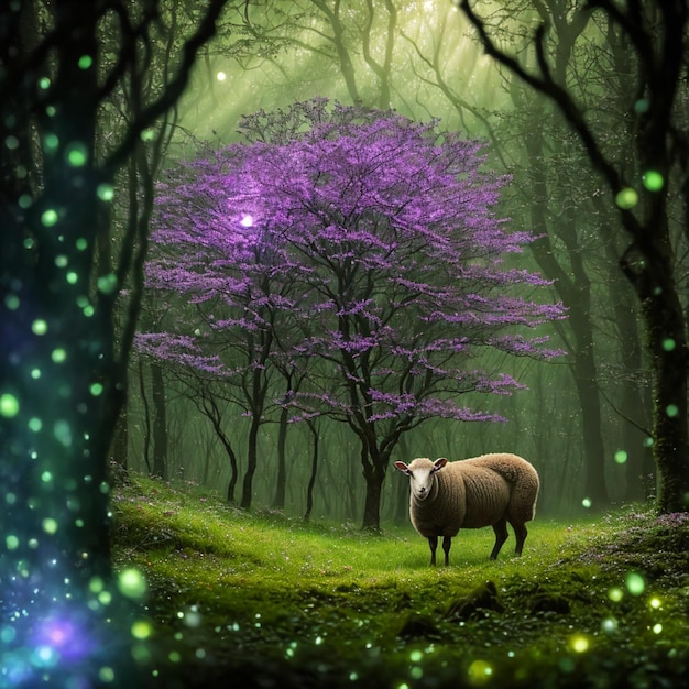 A colorful sheep against a forest backdrop and filled with beautiful light