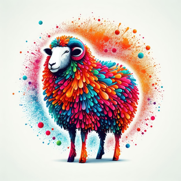 a colorful sheep with colorful feathers on the face