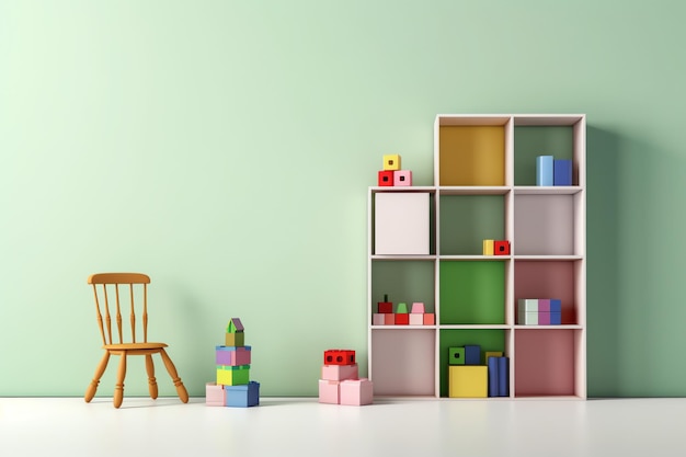 A colorful shelf in a room with a chair and a chair