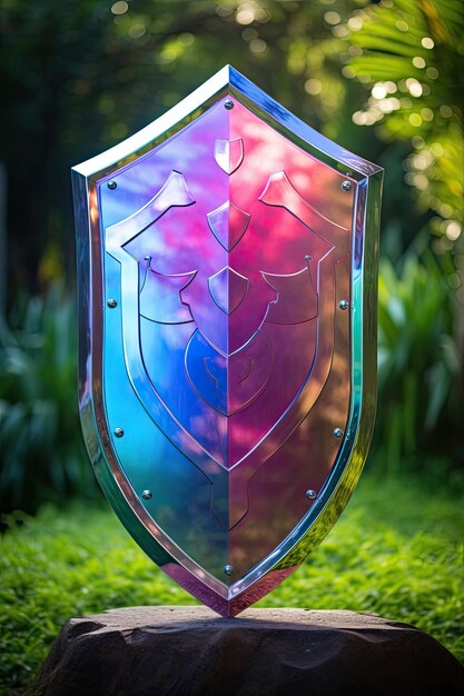 A colorful shield on grass