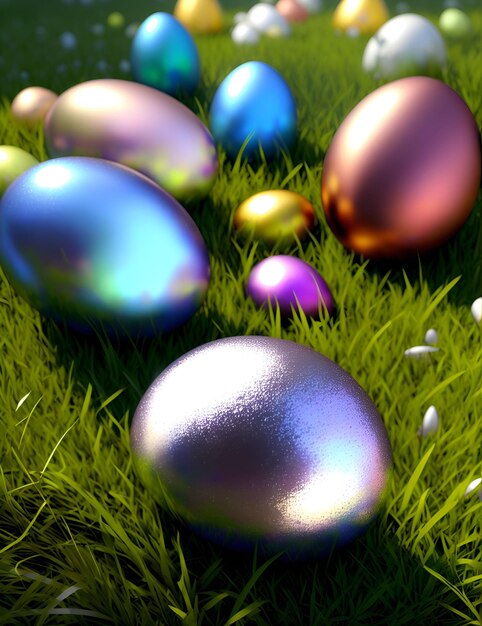 Colorful shiny easter eggs in the grass