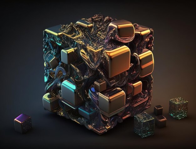 Colorful shiny rainbow Bismuth Gemstone cubes dark background created with Generative AI technology