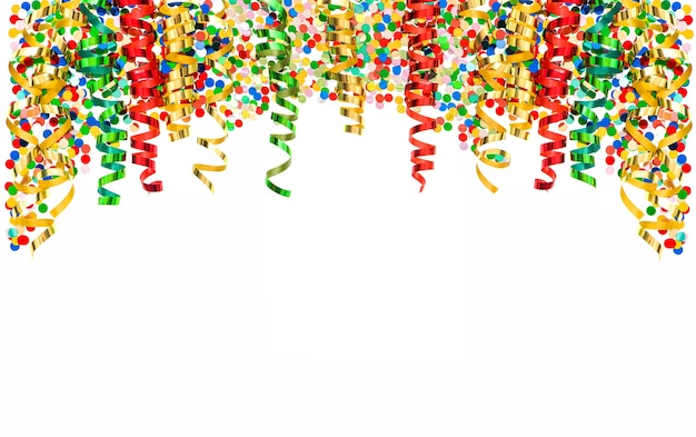 Colorful shiny streamer and confetti isolated on white background. banner with carnival party serpentine decoration