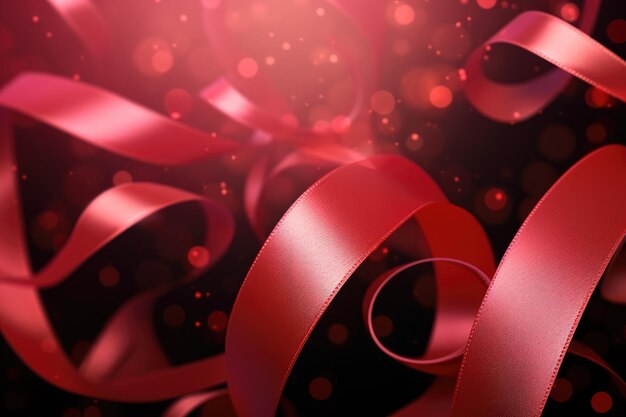 Photo colorful shiny streamer red ribbons background with bokeh light wave grand opening illustration