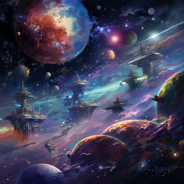 Colorful Ships and Submarines Navigating through Ethereal Cosmic Nebulas