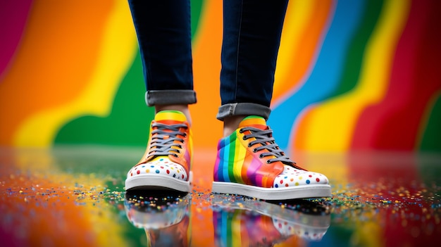 Photo colorful shoes and rainbow mural a creative symbol for lgbtq pride month