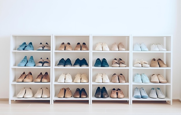 Photo colorful shoes on shelves in white wooden closet on white room b