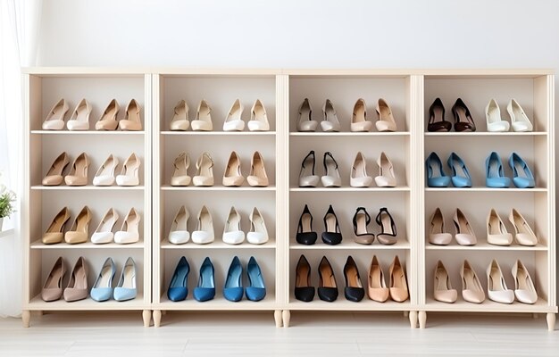 colorful shoes on shelves in white wooden closet on white room background soft light