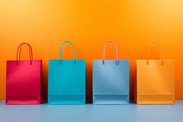 Colorful shopping bags empty mockup on a orange background generative ai