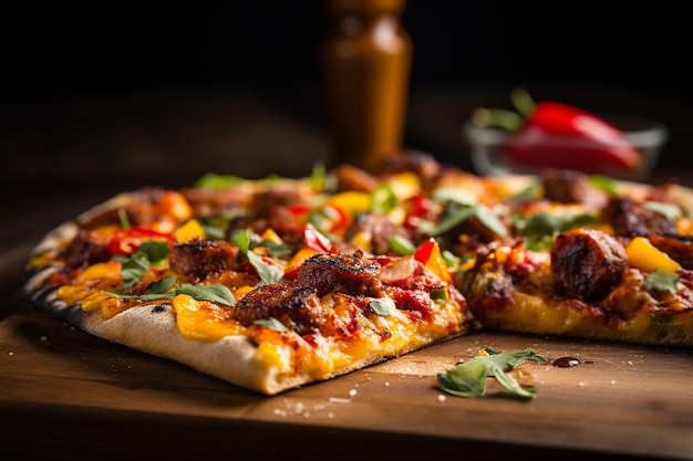 A colorful shot of a Mexican inspired pizza with chorizo and peppers