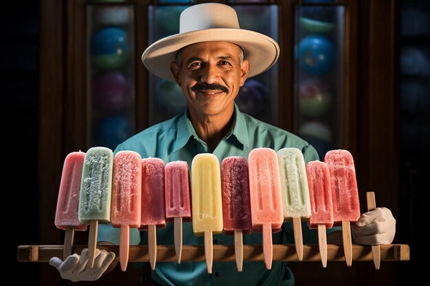 Photo colorful shot of a mexican street vendor selling fresh fruit paletas popsicles
