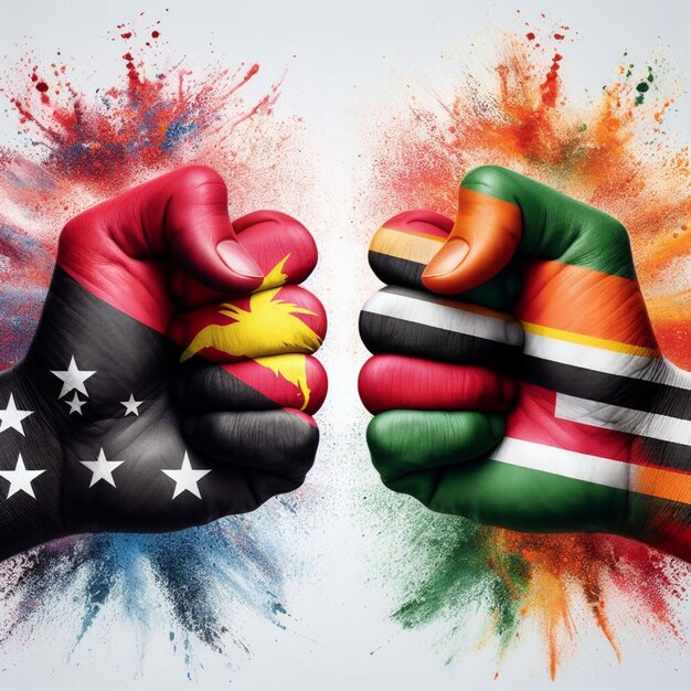 Photo colorful showdown papua new guinea and uganda flags painted on opposing hands