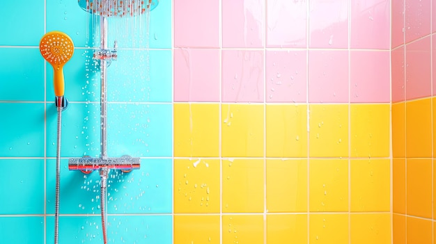 Colorful shower head and tiles with water droplets