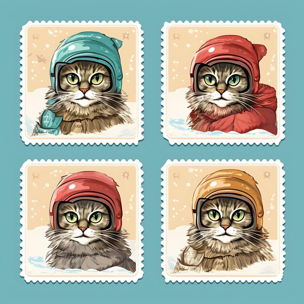 Photo colorful siberian cat with winter explorer outfit wearing goggles and animal stamp collection idea