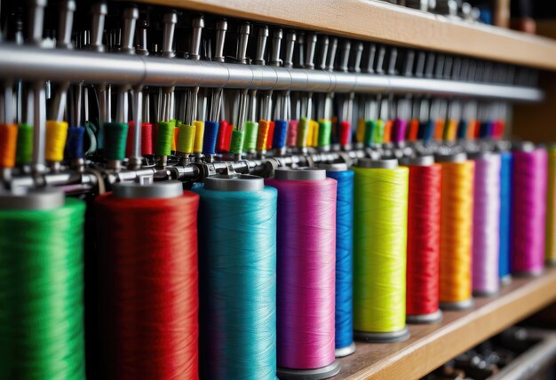 Colorful silk threads adorn the machines in the textile workshop